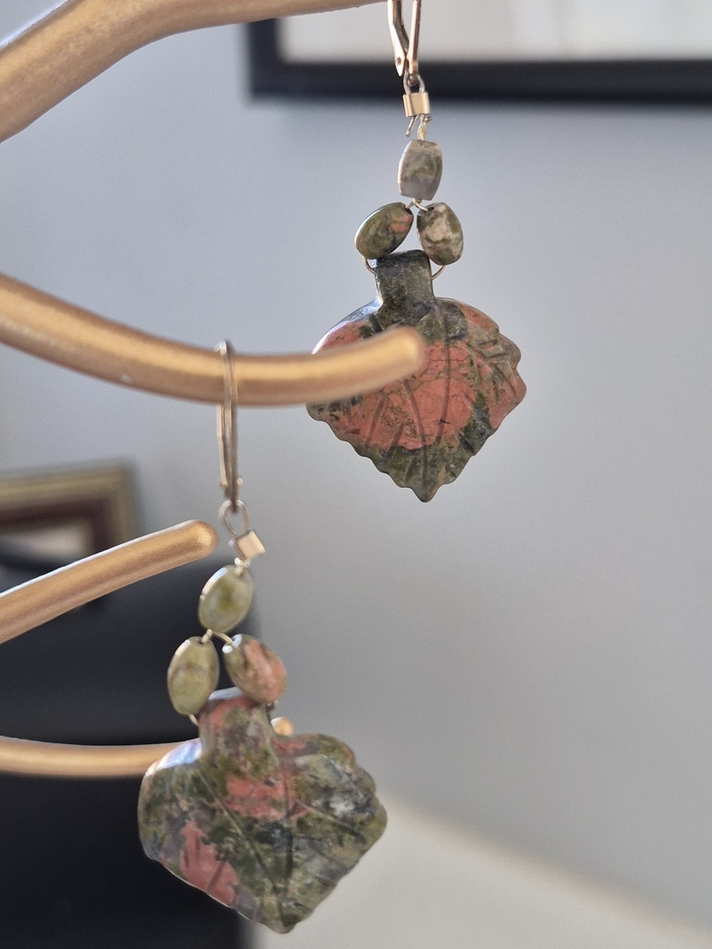 Handcrafted Green and Pink Leaf Stone Drop Earrings